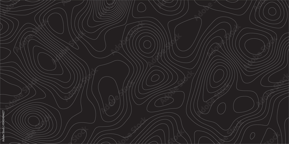 Poster Abstract white on black background Topographic line map pattern. Contour elevation topographic and textured Background Modern design with black background with topographic wavy patted.	