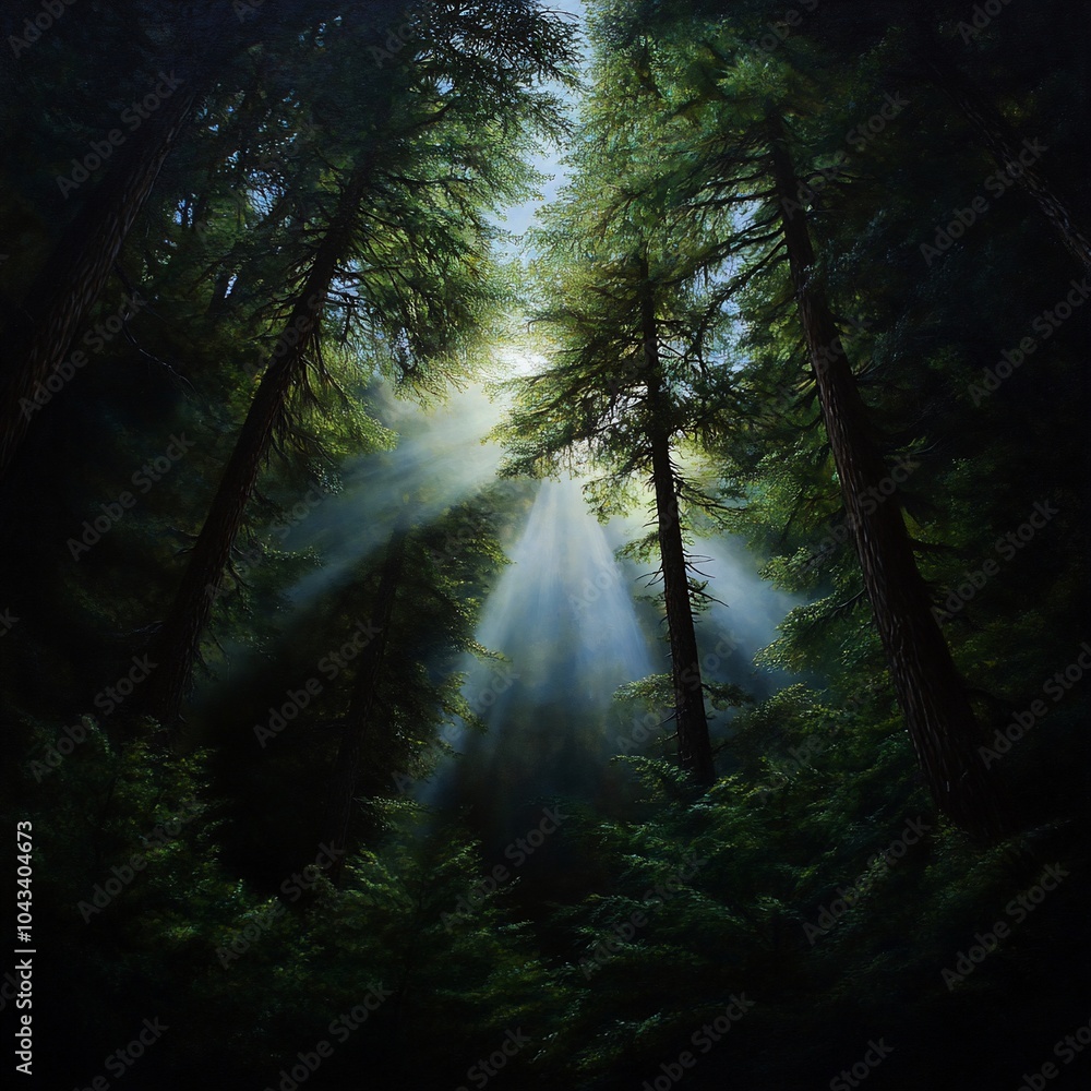 Poster sunbeams stream through the canopy of tall trees in a dark forest.