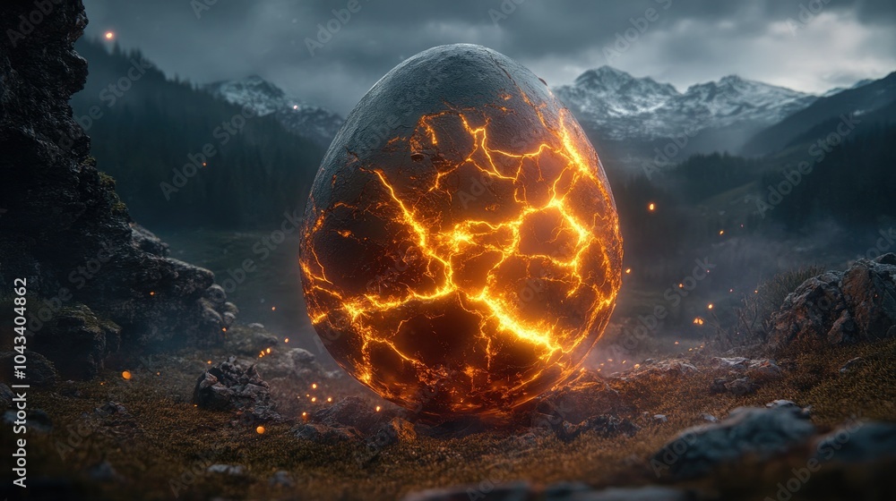 Poster a glowing dragon egg with cracks forming on its shell, pulsing with magical light, ready to hatch in