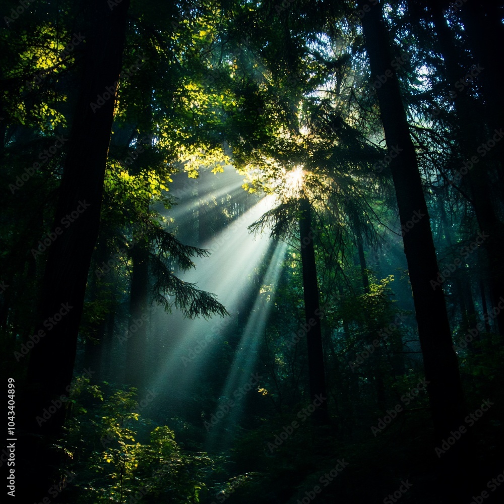 Poster sunlight streams through the trees in a dense forest, illuminating the forest floor.