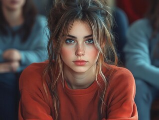 sad woman sitting in a support group meeting, surrounded by empathetic faces, reflecting the struggles of mental health and addiction in a community setting