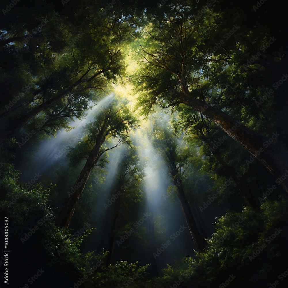 Poster sunlight beams through a dense canopy of trees in a forest.