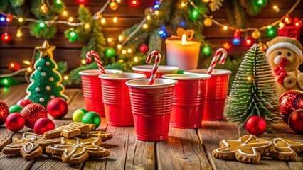 Festive Christmas Beer Pong Setup with Holiday Decor and Drinks for Fun Party Games