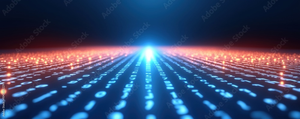 Poster abstract digital landscape with glowing binary code and futuristic perspective.