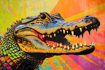 Obraz premium A fierce Pop art style alligator with exaggerated scales and a colorful, retro backdrop
