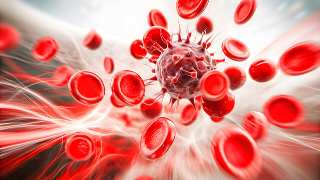 Digital illustration of red blood cells in colour background  3D rendering