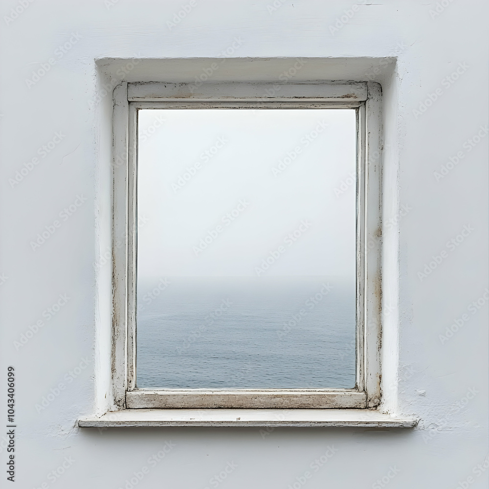 Poster minimalist window framed in simple design with distant landscape view