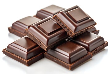 Dark chocolate squares on white isolated background