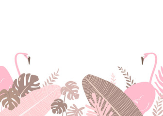 Flamingos botanical png clip art, tropical leaves and birds graphic element on transparent background