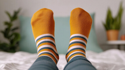 Cozy comfort embracing the warmth of colorful striped socks for a relaxing day indoors