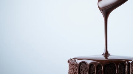 Obraz premium Rich, glossy chocolate dripping onto a decadent cake, showcasing the delicious dessert with a soft focus.
