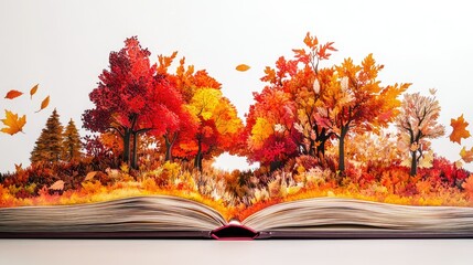 A magical open book unfolds a detailed pop-up autumn landscape, where rich reds, oranges, and yellows create a breathtaking vista of seasonal beauty