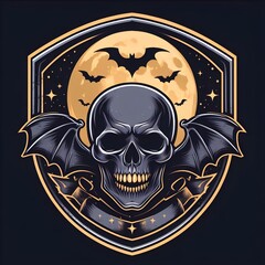 Fototapeta premium Shield shape with a skull, bat wings, bats, ribbon and a full moon