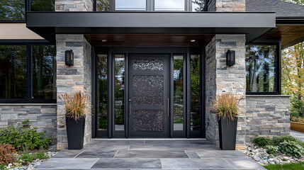 Naklejka premium Modern Steel Door Featuring Geometric Designs and Polished Finish, Ideal for Contemporary Architecture and Interior Design
