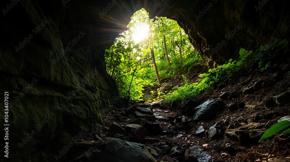Poster sunlight streams through the opening of a dark cave, illuminating the forest beyond.