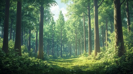 Fototapeta premium Illustration Showcasing the Calm of a Forest with Tall Trees and Bright Sunlight