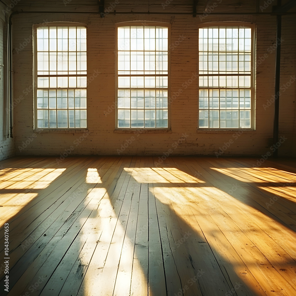 Aufkleber a row of large windows in a loft space casting long shadows during golden hour