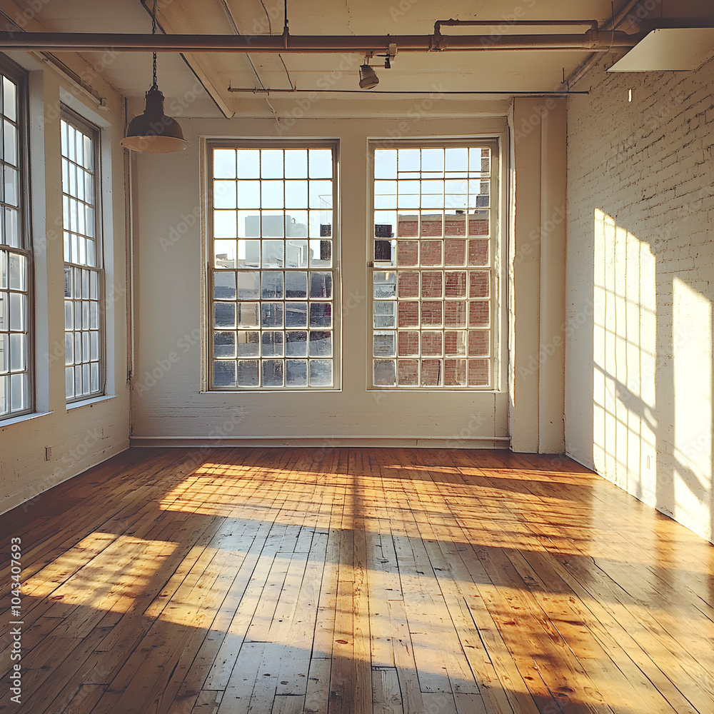Poster a row of large windows in a modern loft space casting long shadows on the floor during late afternoo