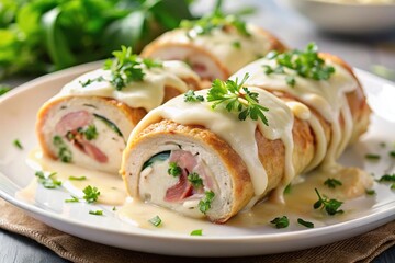 rolled chicken stuffed with cheese and ham topped with creamy white sauce