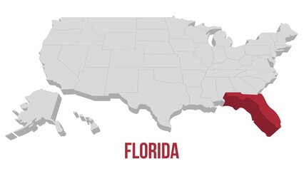 Florida State video animation. Animated USA map, gray map on a white background with red state in 3d style. Animation 4k motion video