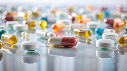 Pile of colorful pills and capsules on white background, closeup