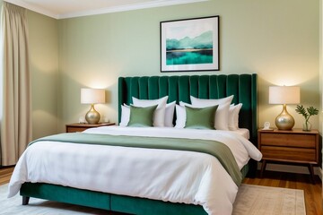 Deluxe boutique hotel room with a double bed in a luxury green color theme.