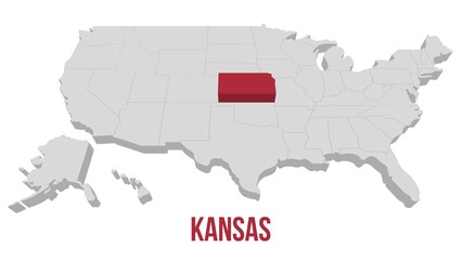 kansas State video animation. Animated USA map, gray map on a white background with red state in 3d style. Animation 4k motion video