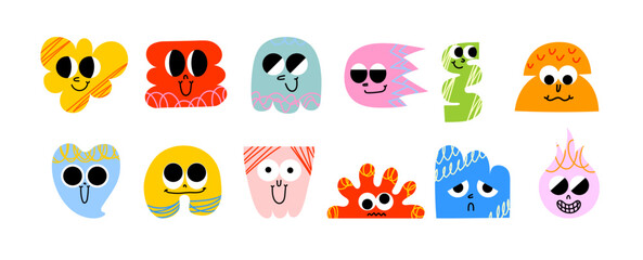 Fototapeta premium Funny cartoon characters in trendy retro style and different geometric shapes. Hand drawn abstract funny cute comic characters sticker pack. Diversity concept.