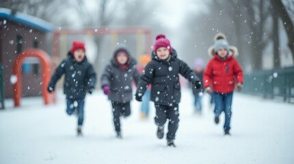 A snowy day in the park, children in colorful jackets and hats play and run in the snow, enjoying the winter weather