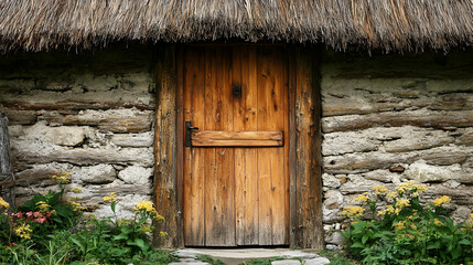 Rustic Wooden Door with Thatched Roof Entrance in a Scenic Rural Setting