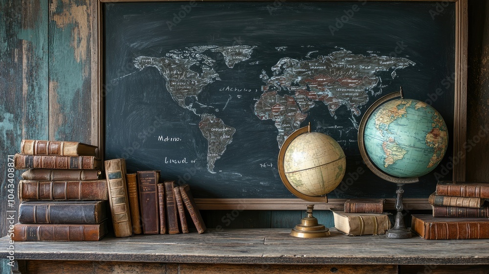 Canvas Prints A nostalgic classroom scene with a rustic desk, vintage globes, and old leather books arranged in front of a chalkboard, bringing a retro back-to-school feel.