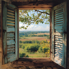 Rustic Wooden Window with Open Shutters Overlooking Scenic Landscape