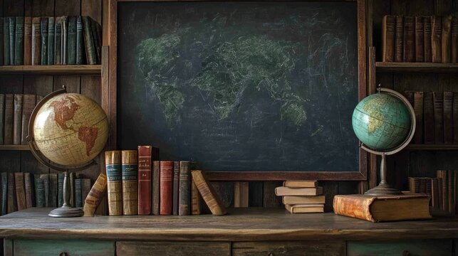 A nostalgic classroom scene with a rustic desk, vintage globes, and old leather books arranged in front of a chalkboard, bringing a retro back-to-school feel.