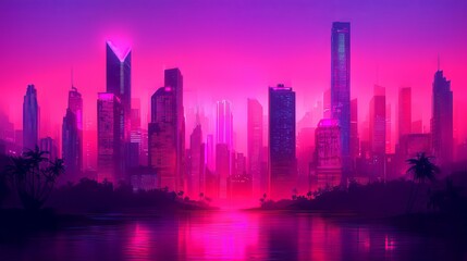 Obraz premium Neon City Skyline with Palm Trees and Water Reflection
