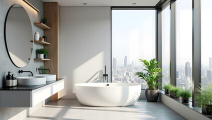 Fototapeta premium Modern luxary bathroom with energy-efficient water heater and bathtub