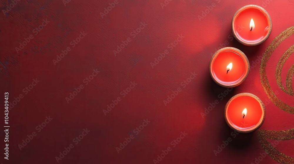 Poster a serene composition featuring three glowing red candles on a rich red background, creating a warm a