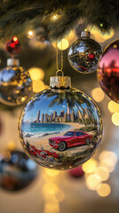 Christmas tree balls hang one after another on the fluffy branches of the New Year tree against the backdrop of a decorated Christmas tree. In the closest large ball, the sea, beach, palm tree and sea