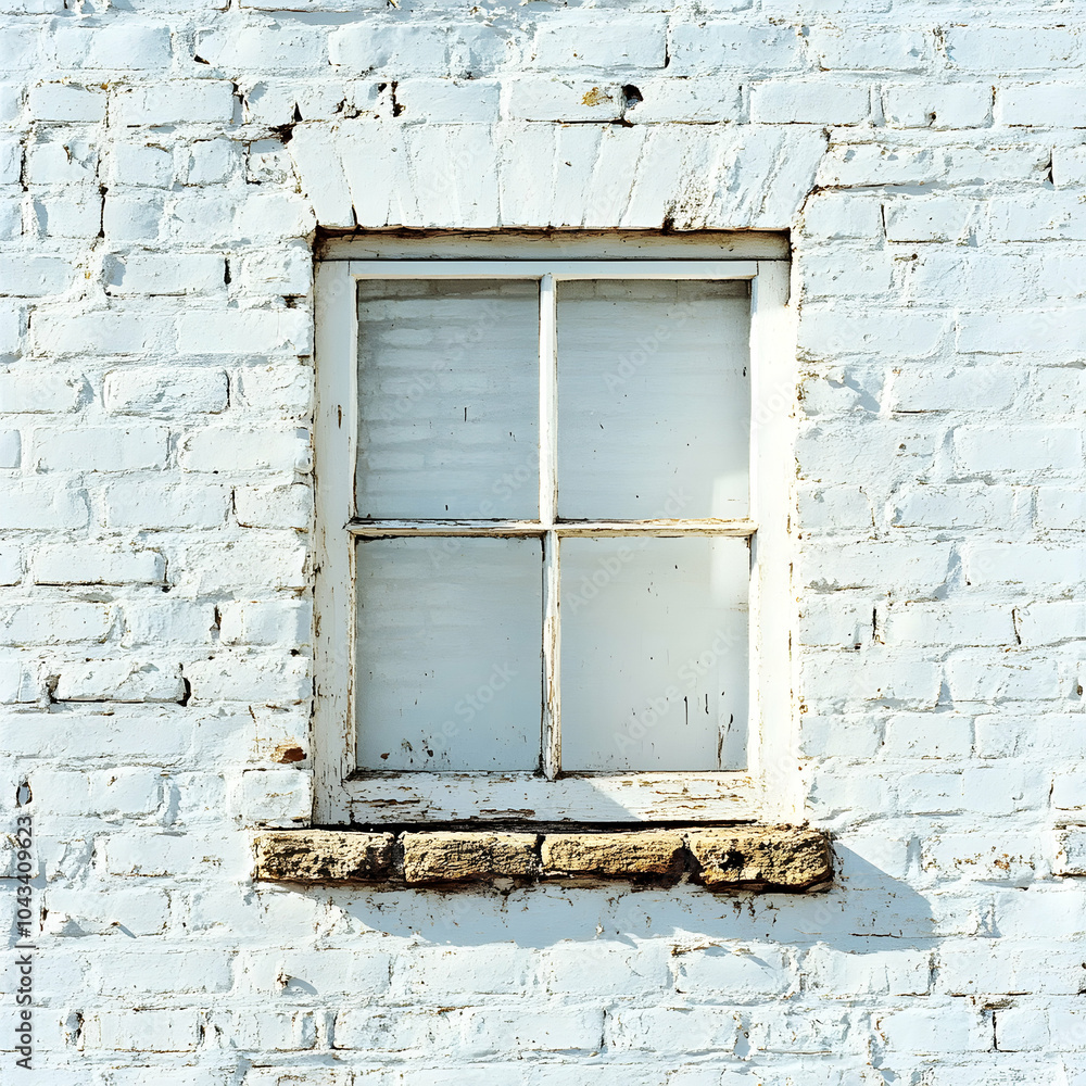 Poster simple square window framed in a whitewashed brick wall with subtle textures and shadows