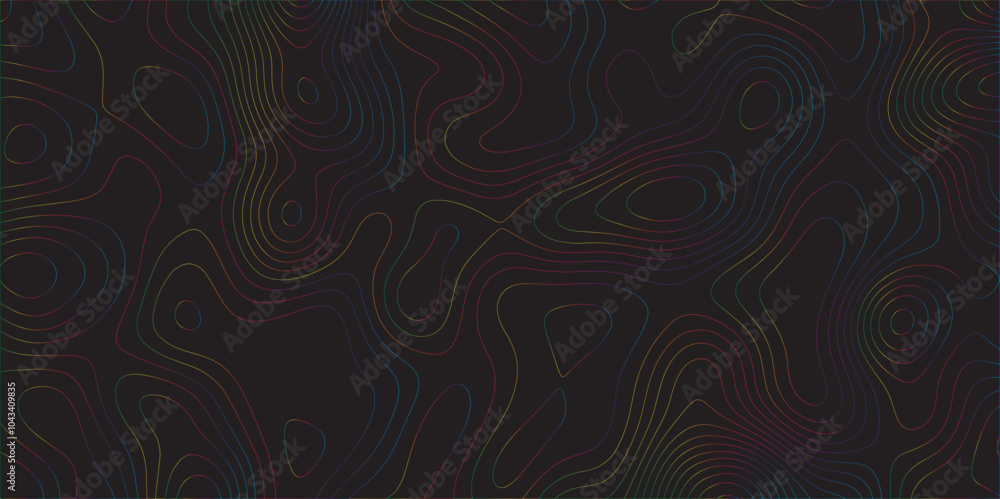 Poster Abstract black colorful gradient Topographic line map pattern background. Contour elevation topographic and textured Background Modern design with black background with topographic wavy Patte and dot	