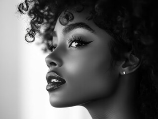 Fototapeta premium silhouette of an african american woman with curly hair thoughtfully gazing to the side against a stark white background, capturing grace, strength, and individuality in a minimalist style