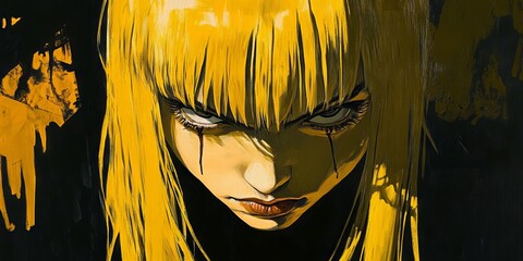 Girl with yellow hair and angry eyes showing rage