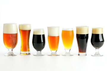 Variety of Beer Styles in Glasses on White Background