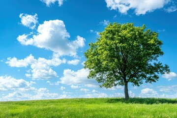 Lush Green Tree Under Blue Sky with Fluffy Clouds