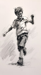 Fototapeta premium Black charcoal pencil drawing of a small active kid dancing in white background with live performance
