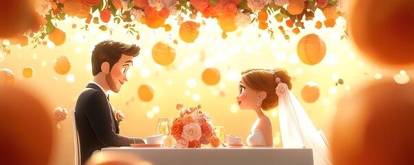 A romantic wedding scene with a couple at an elegantly decorated table.