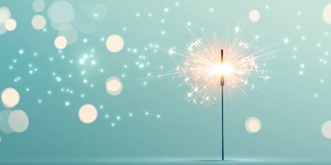 sparkler with glowing light and sparks against a blue and bokeh light background