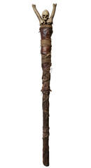 Ancient Tribal Wooden Staff with Skull and Bone Ornaments - Ritualistic Artifact