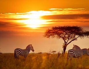 Obraz premium Zebras at sunset in South Africa