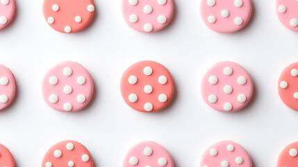 Deliciously cute pink and white polka dot cookies arranged in a pattern for a fun dessert display
