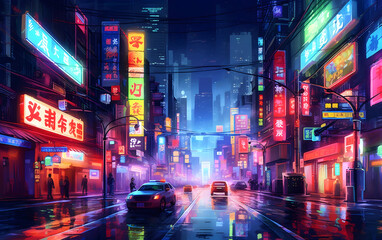 Fototapeta premium Bustling city street illuminated by vibrant neon lights